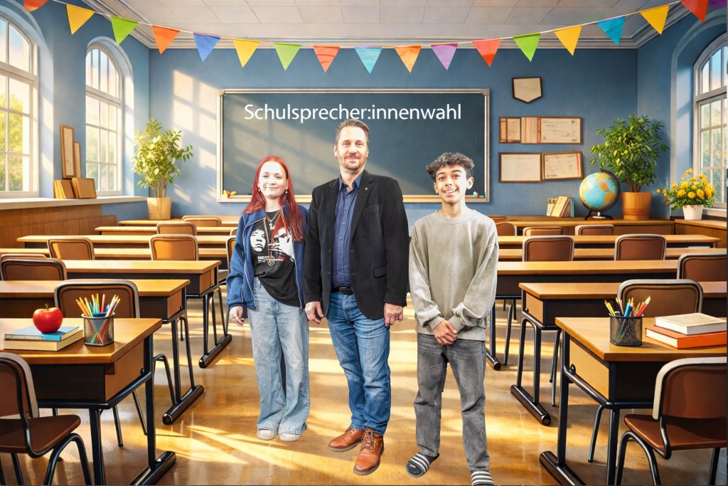 Mann und 2 Kinder in Schulklasse