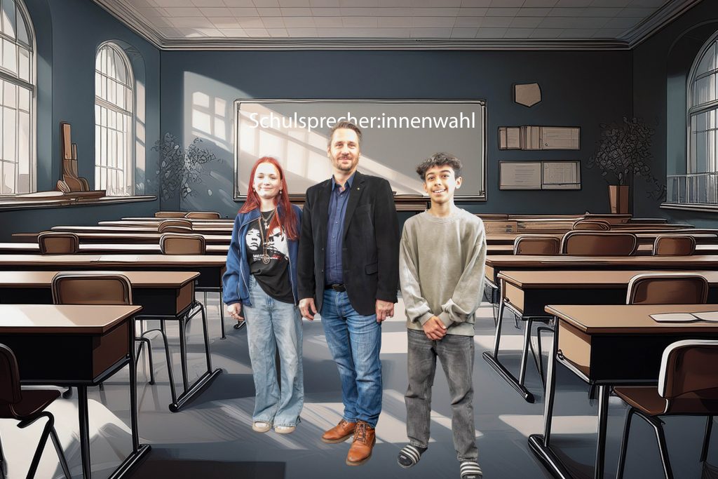ein mann und zwei kinder in einem klassenzimmer